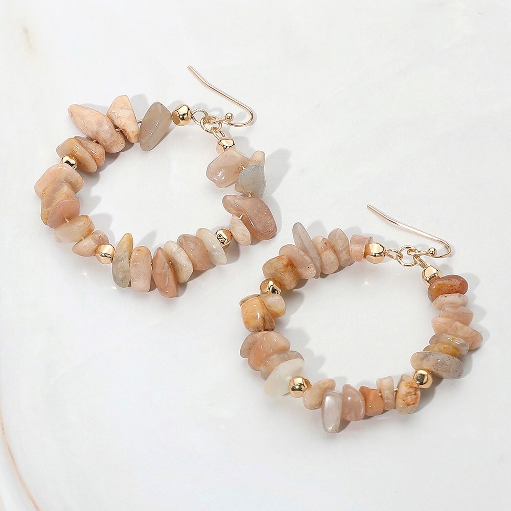 Elegant Tan Natural Stone and Gold Beaded Statement Earrings